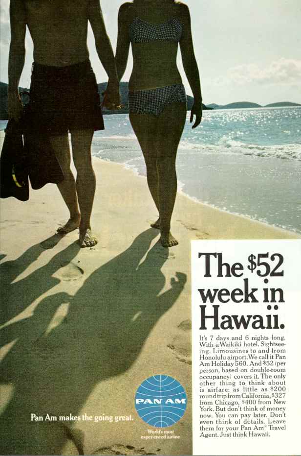 1960s, A Pan Am ad promoting discount tours to Hawaii.